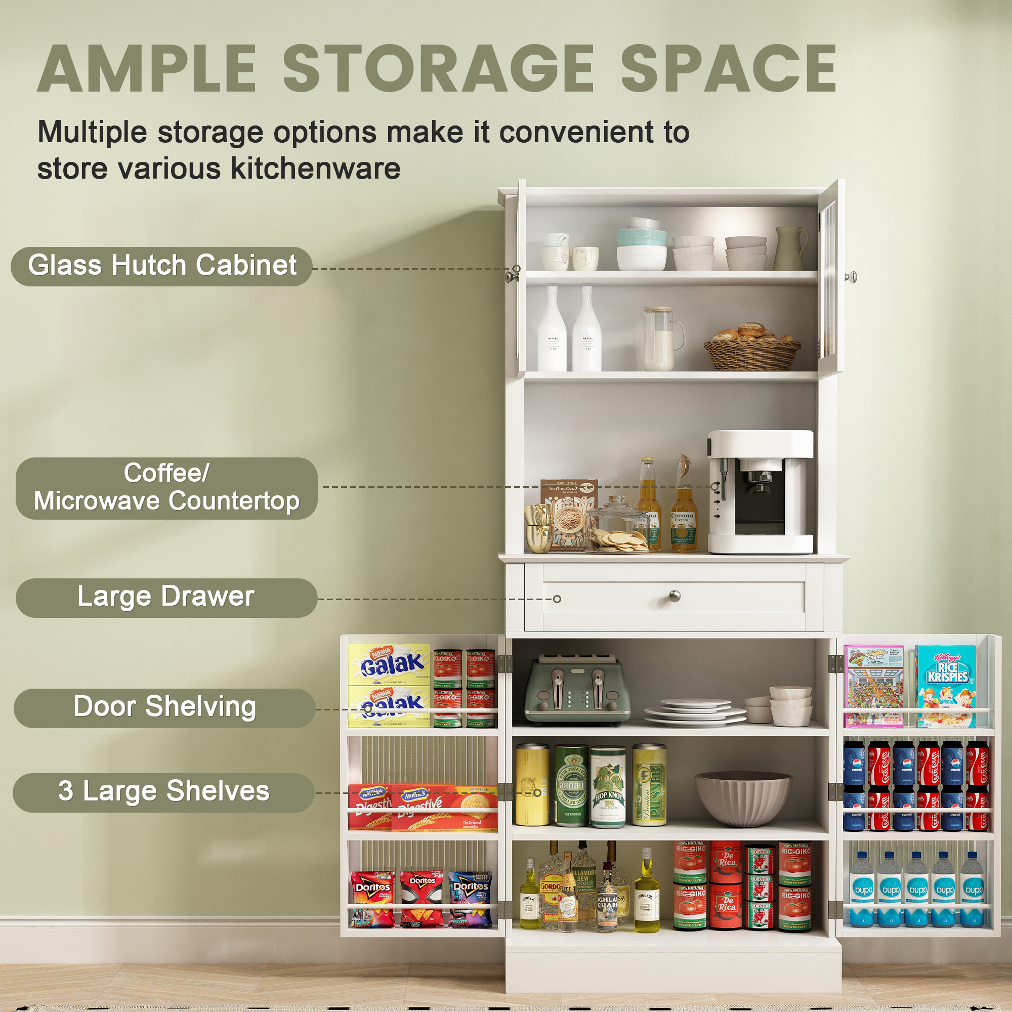 Danpinera Home 70" Tall Kitchen Pantry Cabinet with Hutch & 4 Glass Doors, Microwave Stand with Drawers, White