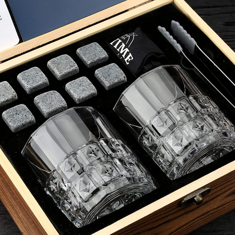 Whiskey Stones Gift Set - Whiskey Glass Set of 2 - Granite Chilling Whiskey Rocks - Scotch Bourbon Whiskey Glass Gift Box Set - Best Drinking Gifts