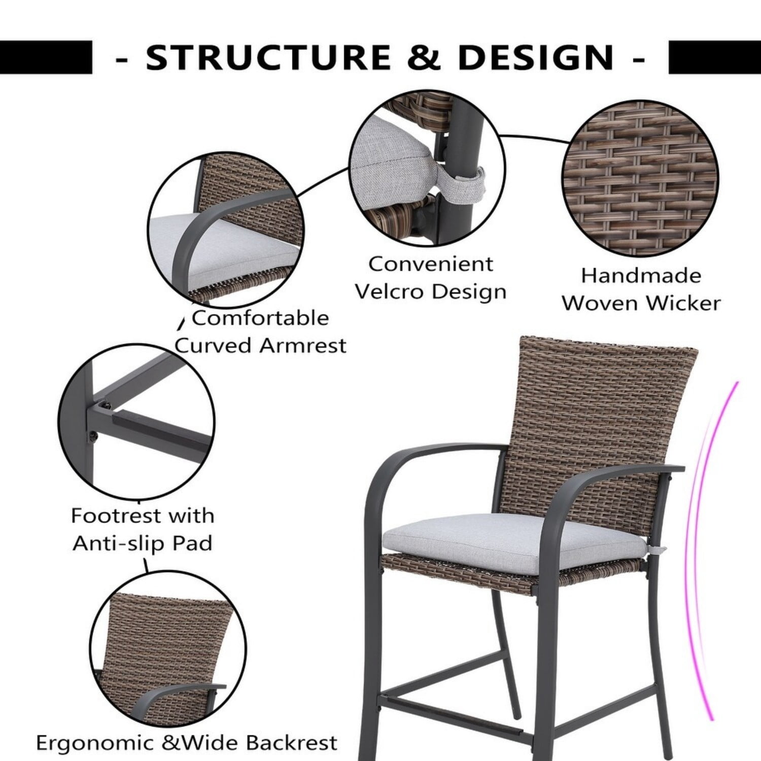 Outdoor Bar Stools Set of 2, Wicker Patio Bar Stool with Cushions & Lumbar Pillows, High Back Counter Height Chairs for Patio Deck Backyard
