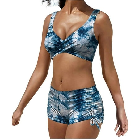 Tuianres Womens Bikini Swimsuits Tummy Control Sexy Two Piece Cross Halter Swimsuits Lace Up High Waisted Beach Bikibi Sets Blue XL