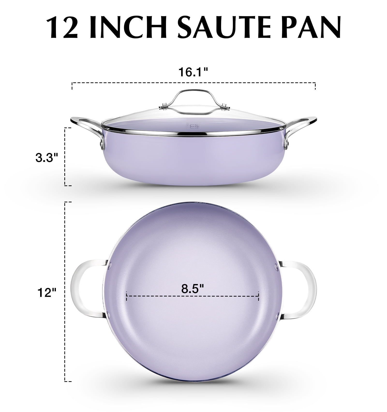 Koch Systeme CS 12 inch Saute Pan with Lid, 5.5-Quart Deep Frying Pan with Nonstick Ceramic Coating, Oven Safe, Induction Compatible, Gradient Purple