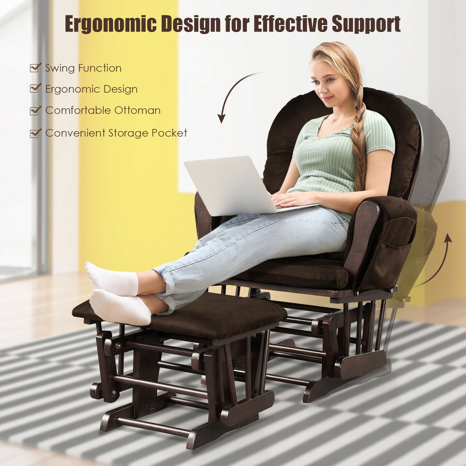 Costway Glider and Ottoman Cushion Set Wood Baby Nursery Rocking Chair Brown