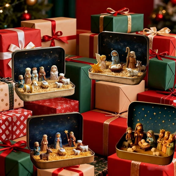 Mini Christmas Nativity Set in Tin Box Small Nativity Set Scene Nativity Figurines Holiday Decor for Home, Perfect Gift for Christmas Decorations JASKFLY