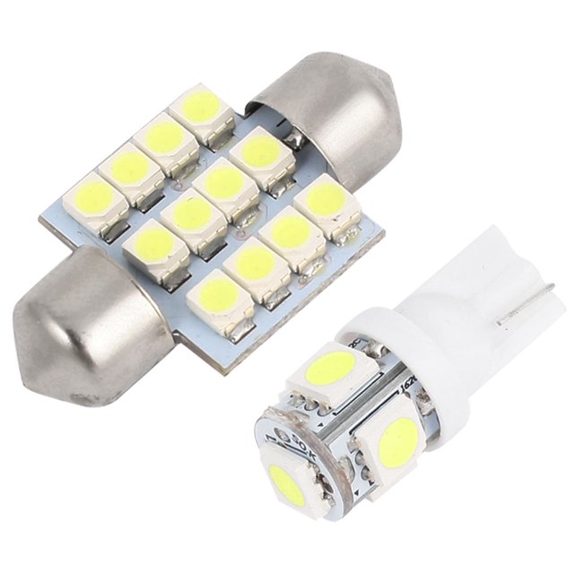 REGALWOVEN 12Pcs Dome Lamp White Light Interior Kit for 2003-2008 G35, featuring 12 bright white LED lights designed to replace OEM tungsten lamps. The image shows two types of LED bulbs, one with a flat rectangular design and another with a cylindrical shape, both with visible yellow LED elements. Suitable for interior car lighting, these non-OEM lights are compatible with cross-reference numbers 168, 194, 158, 7440, DE3175, 9003, H1, DE3022, and 921.