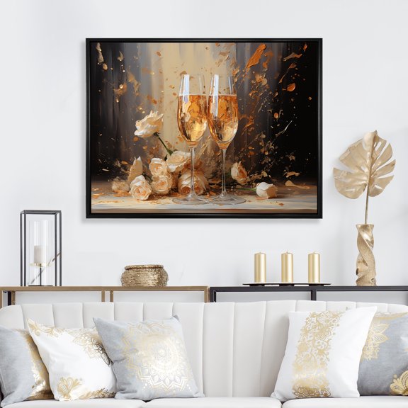 Designart "Floral Bubbles in Gold Champagne" Food & Beverage Framed Wall Art - Traditional Gold Champagne Bedroom Framed Canvas Wall Art