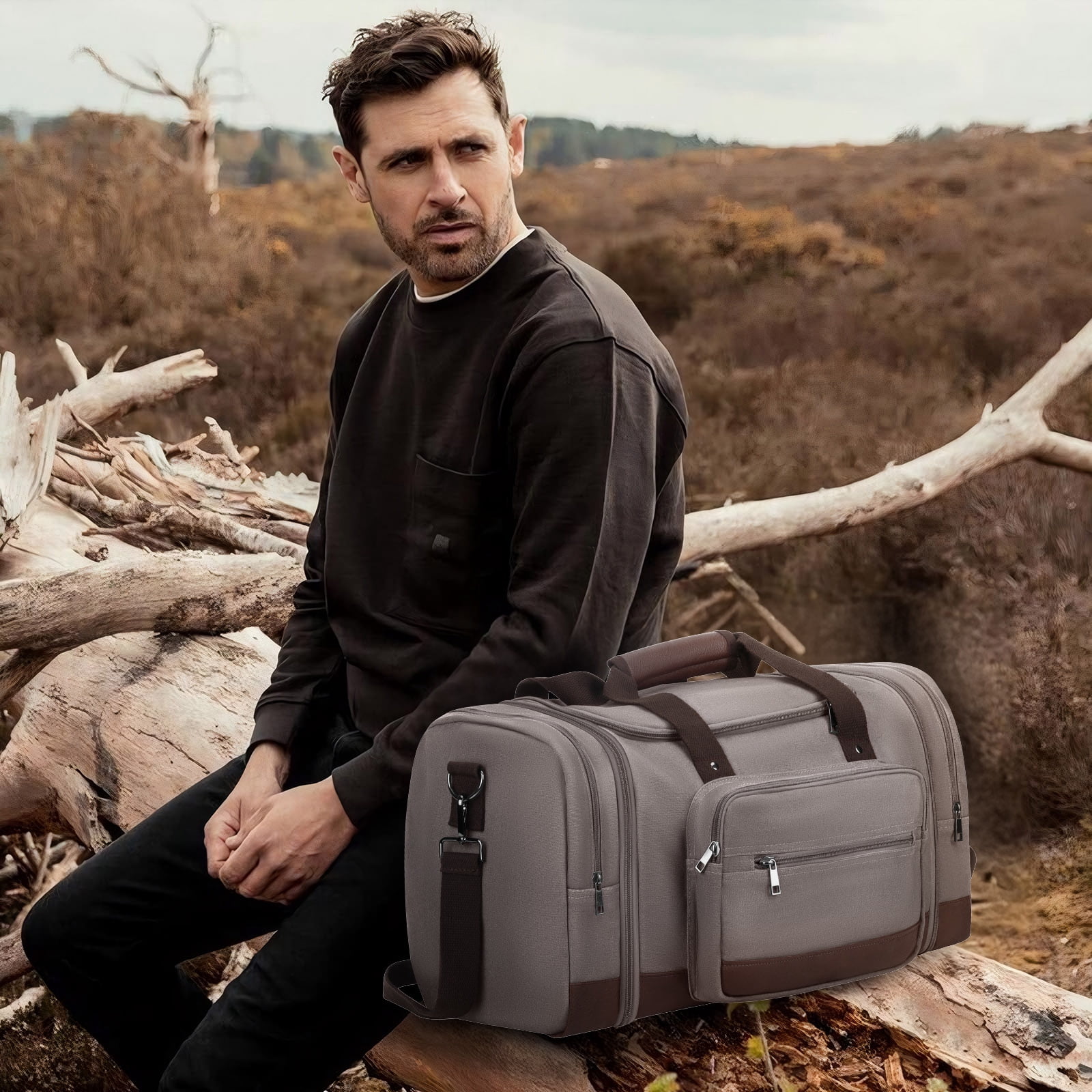 Gynky Duffle Bag for Travel Travel Bag 46L Large Expendable Duffle Bags for Men Weekender Bag with Trolly Sleeve for Business Trip Travel Camp Gym, Grey