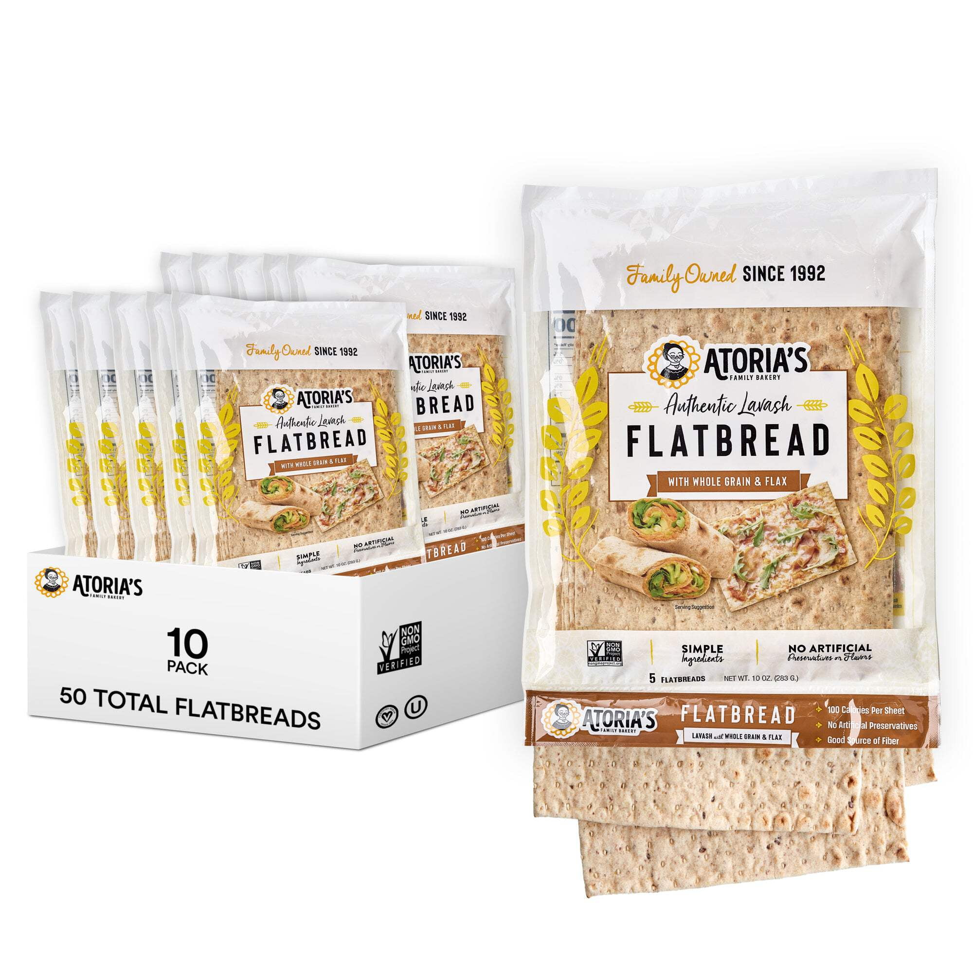Atoria's Family Bakery Lavash with Whole Grain & Flax Flatbread 10-Packs of 5 Flatbread (50 Flatbread)
