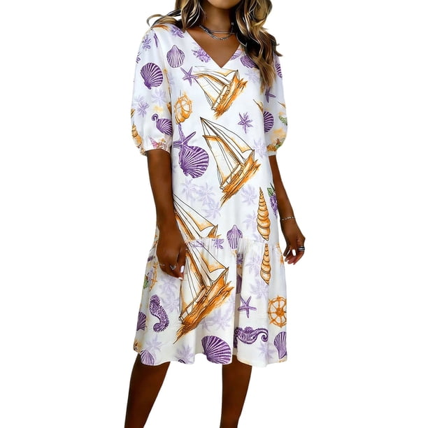 Vestido de Verano de Manga Corta Concha Impresión Cuello en V Reunido Vestido de Resort de Línea A, Vestido de Manga Azul de Puff para las Mujeres de Vacaciones