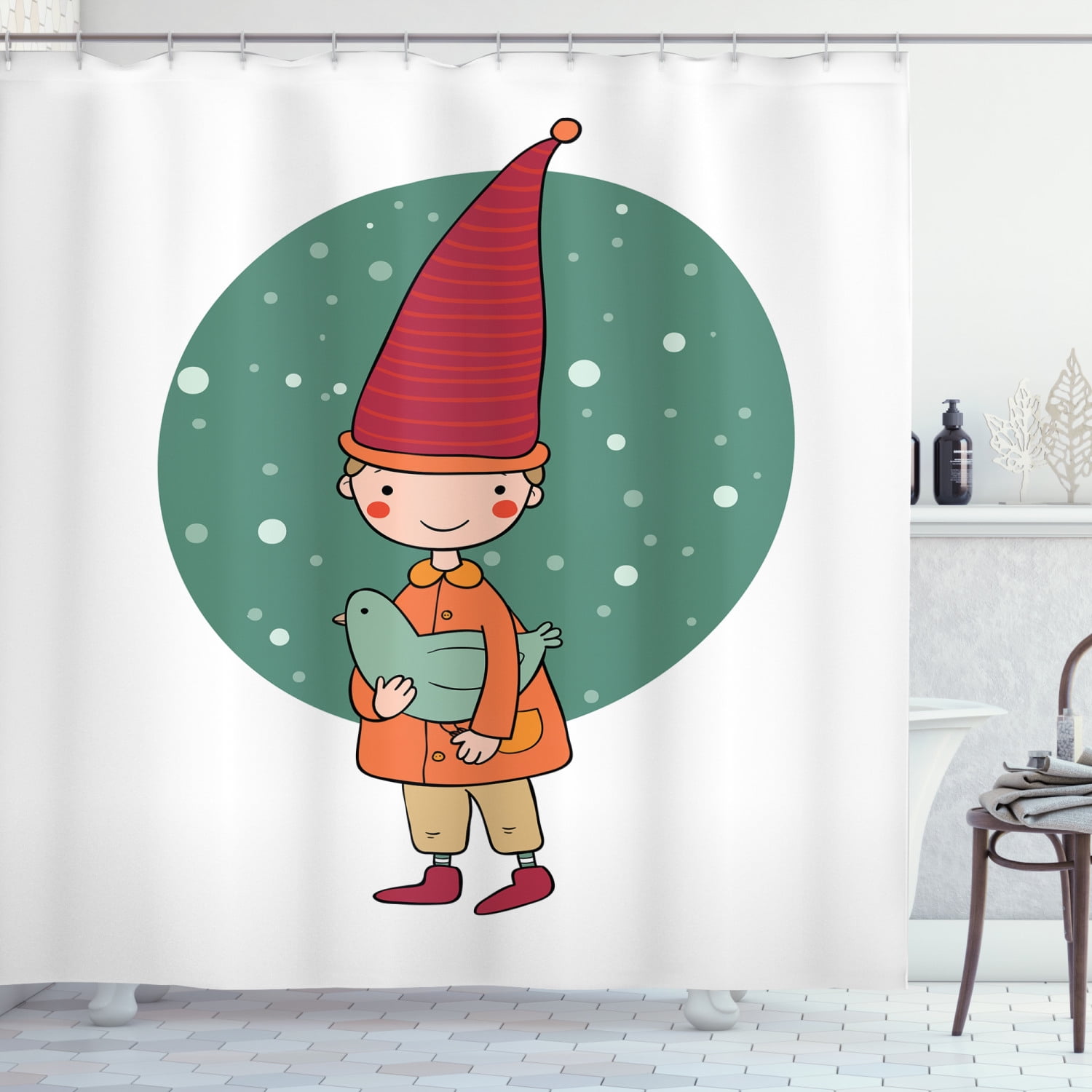 Gnome Shower Curtain, Little Boy Holding a Bird Children Fairytale Surreal Creative Graphic