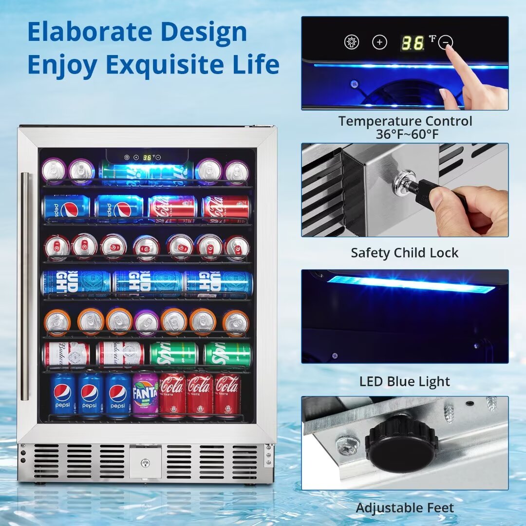 Beverage Refrigerator 24 Inch, Beverage Cooler 166 Cans Built-in Design, Under Counter Beer Fridge with Glass Door for Soda, Wine, Water