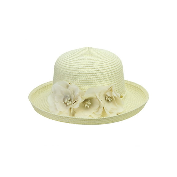 Chic Headwear Braid Hat w/ Side Flowers - Ivory