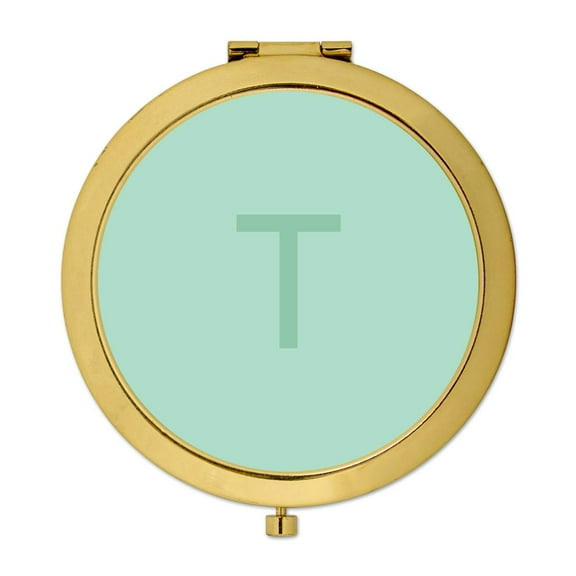 Koyal Wholesale Gold Compact Mirror Bridesmaid's Wedding Gift, Modern Mint Green, Monogram Letter T, 1-Pack