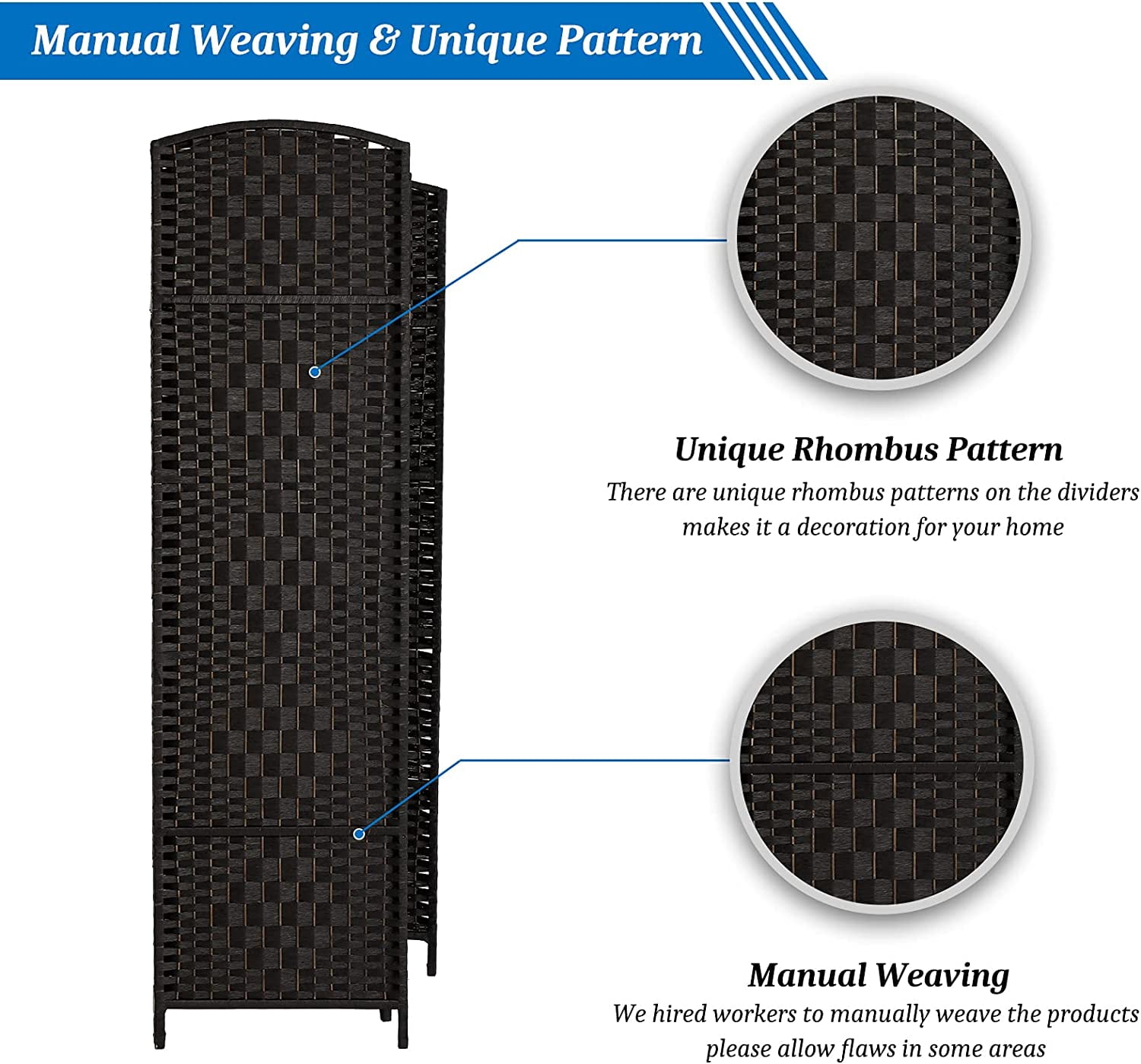 WBTER 6-Panels Tall Rattan Room Divider, 6 FT Folding Privacy Screen, Indoor Partition Wall Dividers, Freestanding Hinged Space Separator (Black)