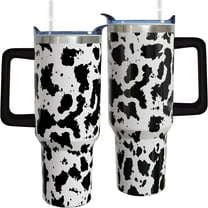 40oz Cow Print Tumbler with Handle - Insulated Stainless Steel Travel Mug, Coffee Cup - Great Gift for Women