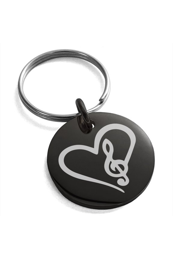Stainless Steel Love Music Treble Clef Heart Engraved Small Medallion Circle Charm Keychain Keyring