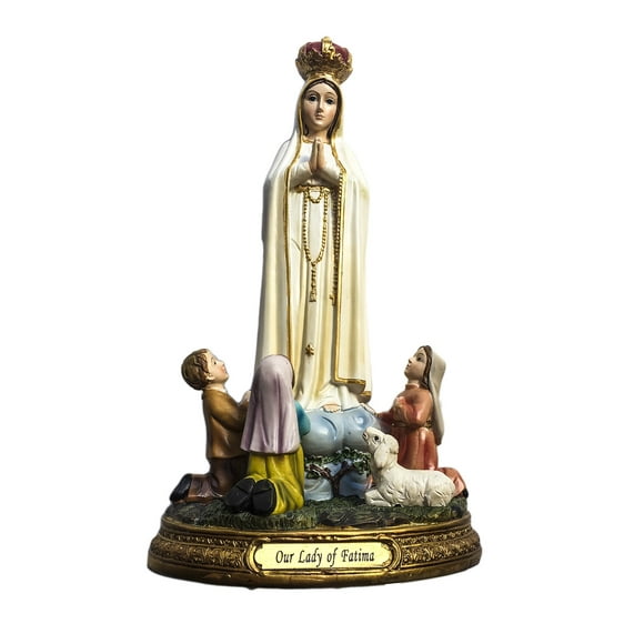 Elysian Gift Shop Our Lady of Fatima with Children Tabletop Statue. Catholic 8" Standing Statue of Blessed Mother with 3 Small Children Praying- Includes Our Lady of Fatima Prayer Card