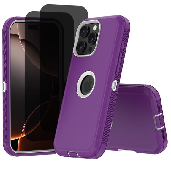 Hotpom for iPhone 15 Pro Max Case with 2 Pack Privacy Screen Protector Shockproof/ Drop Proof Protection Women Men universal Phone Cover, Purple/ White