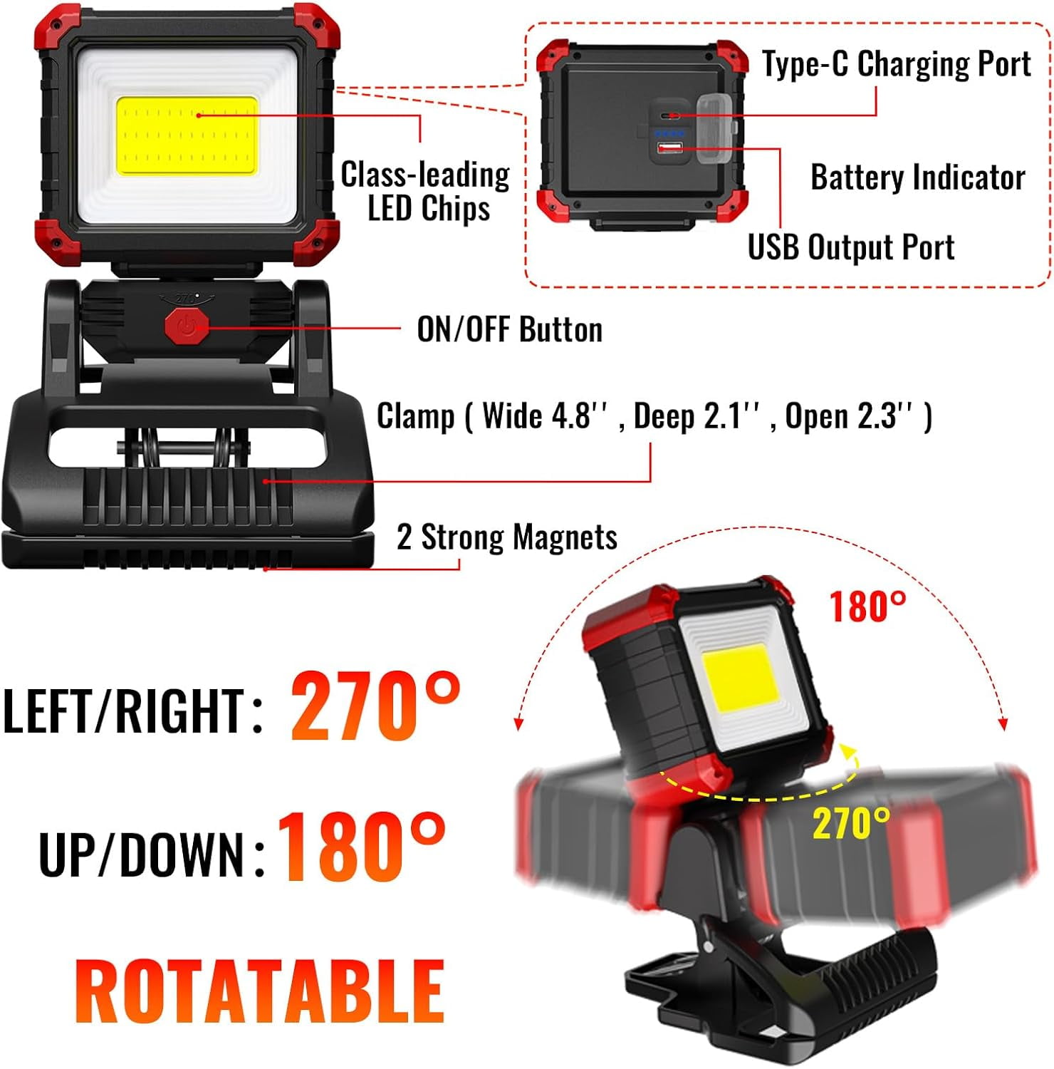Led Rechargeable Work Light With Clamp 2100lm Super Bright Cob Magnetic - View #5