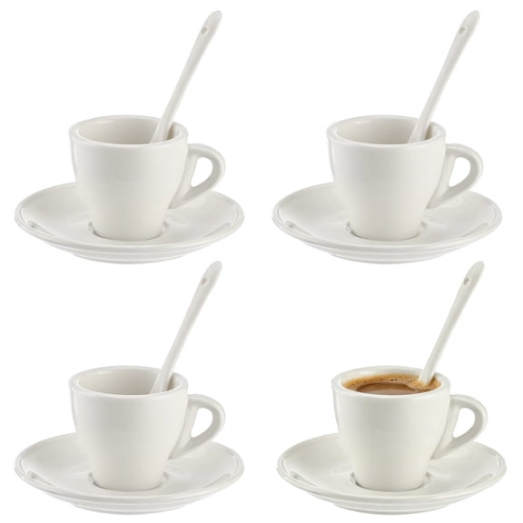 4 Pcs Espresso Cups with Saucer Spoon Set, White Ceramic 2.7 fl oz Expresso Coffee Cup with Comfortable Handle, Classic European Style Demitasse Set for Home Office Cafe