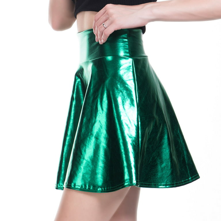 Baqcunre Casual Fashion Shiny Metallic Flared Pleated A-Line Mini Skirt  Women'S Skirts Pleated Skirt Mini Skirt Women Clothing Skirts For  Women,Color Green,Size XL 