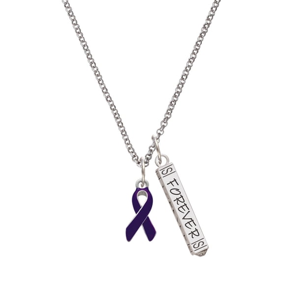 Delight Jewelry Silvertone Purple Ribbon Silvertone Forever Bar Charm Necklace, 23"