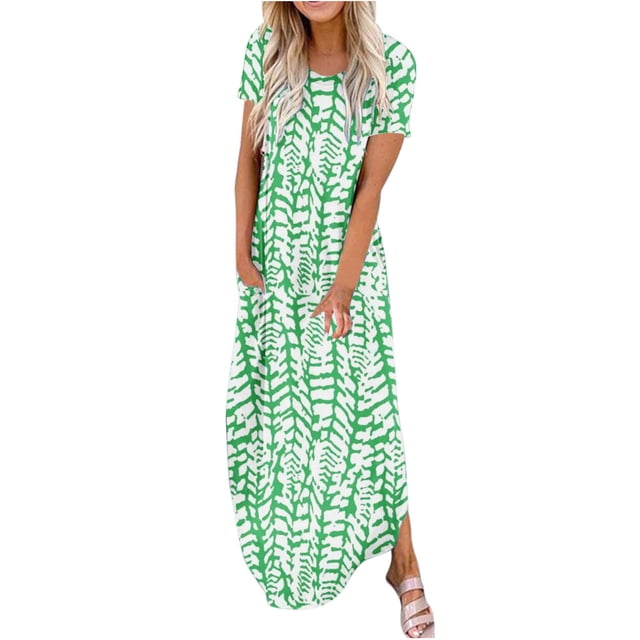 Robes Maxi d'Été pour Femmes Manches Courtes Col Rond Décontracté Coupe Ample Longue Robe de Plage T-Shirts Robe avec Poches