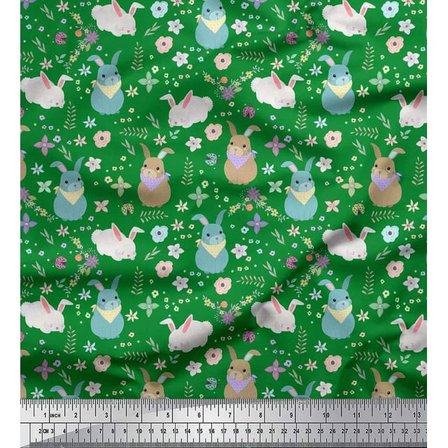 Soimoi Moss Tissu Georgette Floral et Rabbit Tissu Imprimé pour Enfants au Mètre 42 Pouces de Large