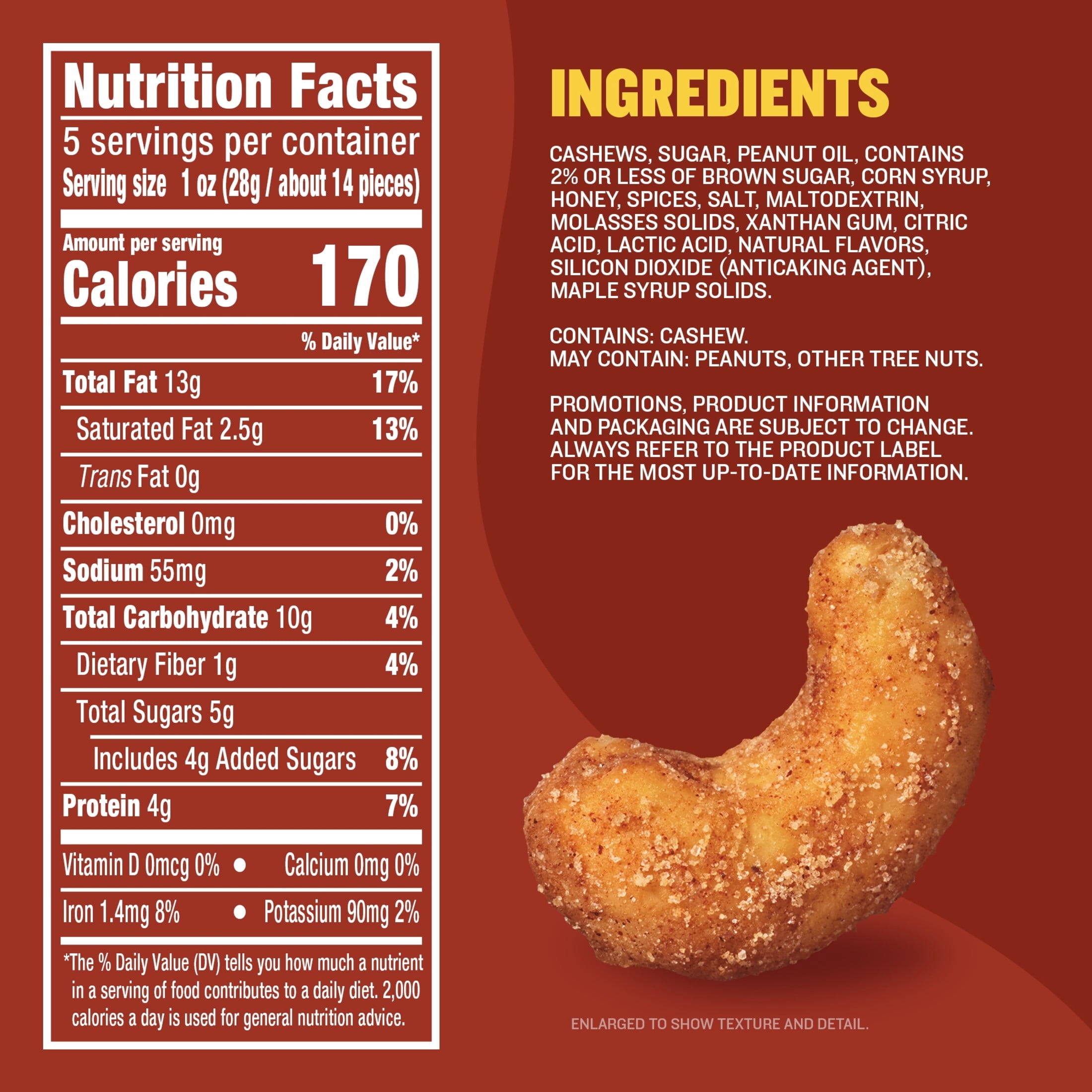 (3 pack) Planters Cinnamon & Brown Sugar Whole Flavored Cashews, Plant Based Protein Snacks for Adults, On-The-Go Snacks, Gluten Free, 5 oz Resealable Package
