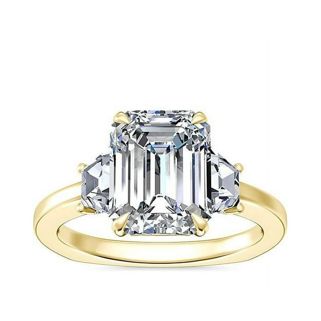 1.00 T.C.W Emerald Shape Natural Diamond Latest Design Three Stone Wedding Ring for Ladies Solid 14K Yellow Gold Size 8