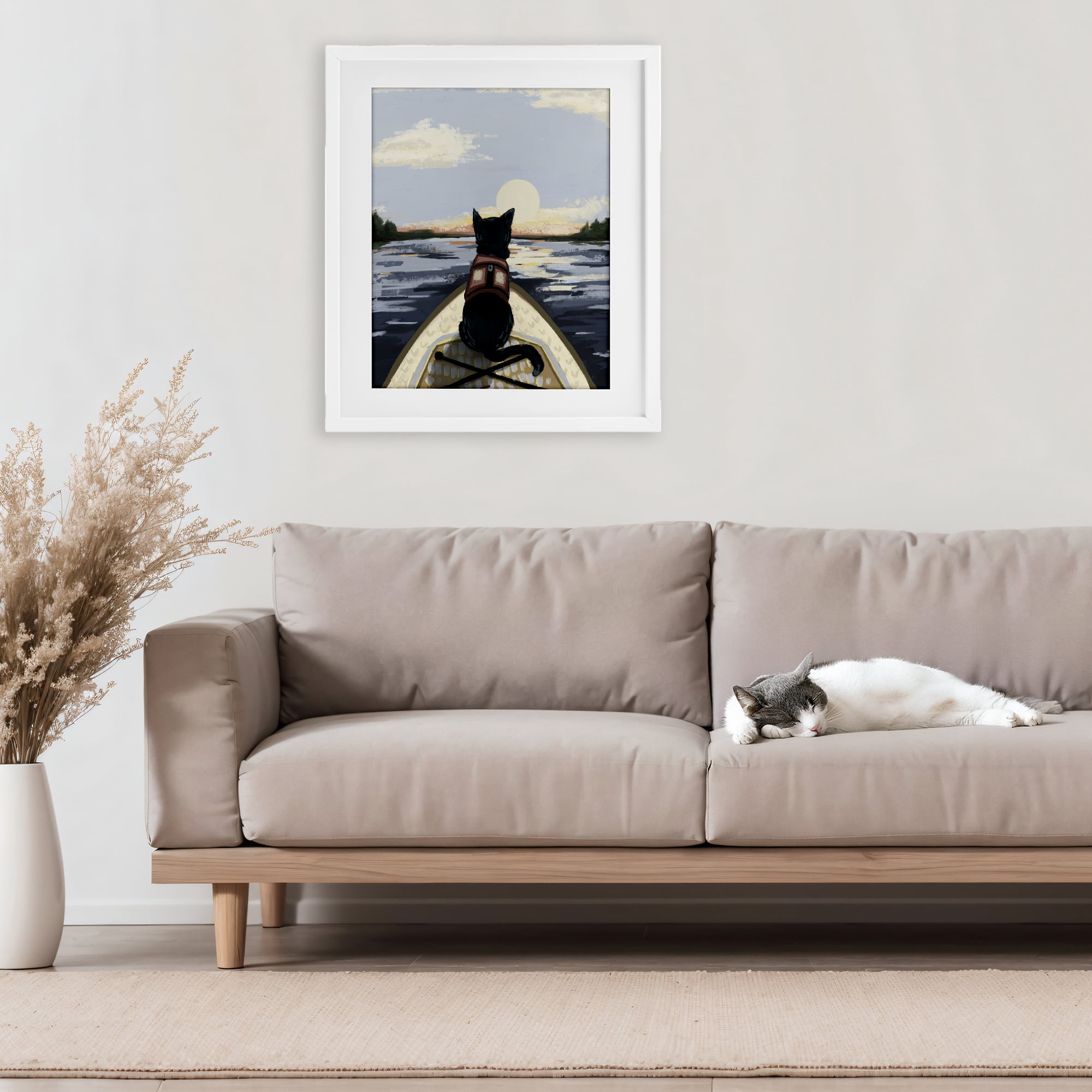 Stupell Industries Peaceful Cat Viewing Lake White Framed Print Under Glass, design by Denise Bartkus