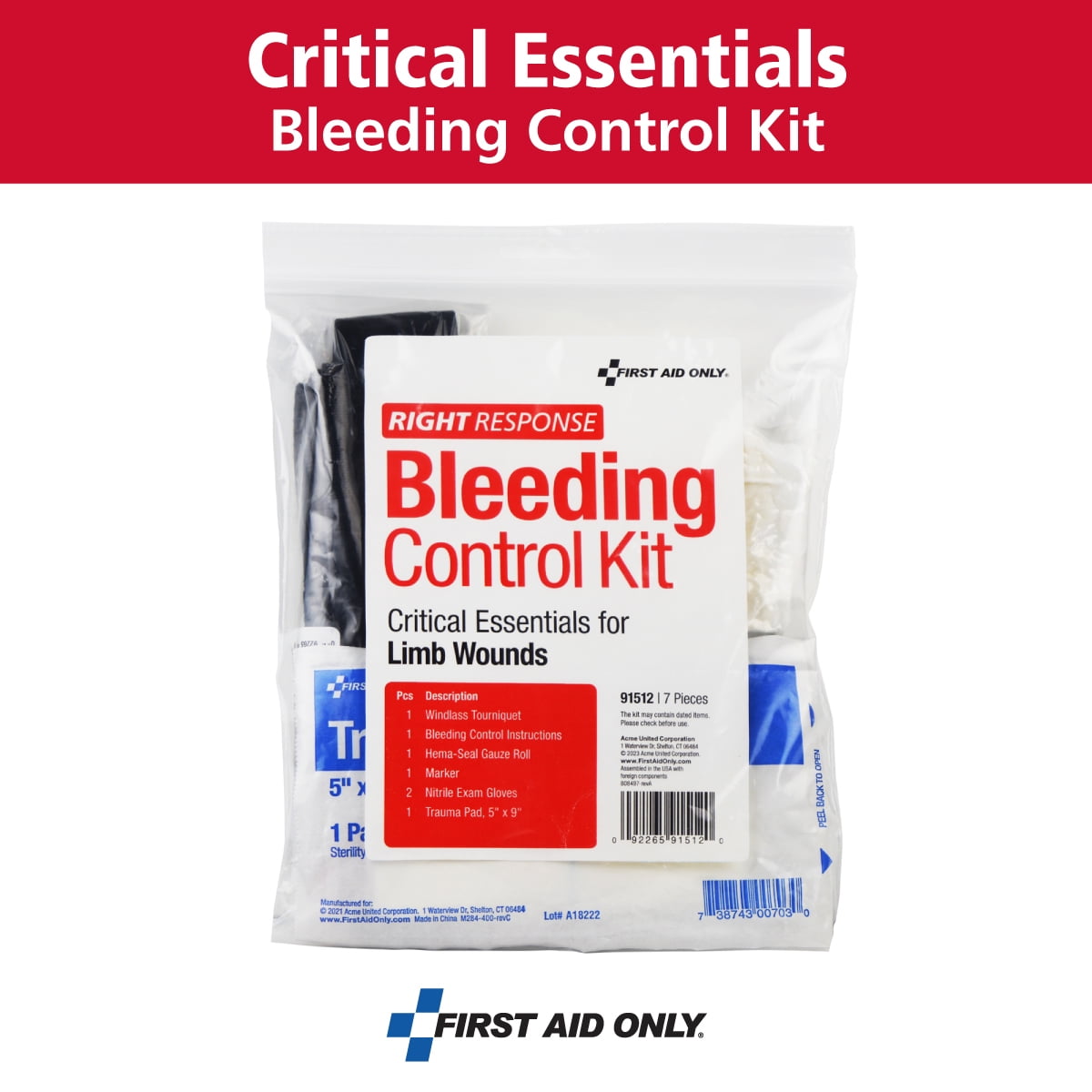 First Aid Only Critical Essentials Bleeding Control Kit for Limb & Wounds, 7 Pieces Per Kit