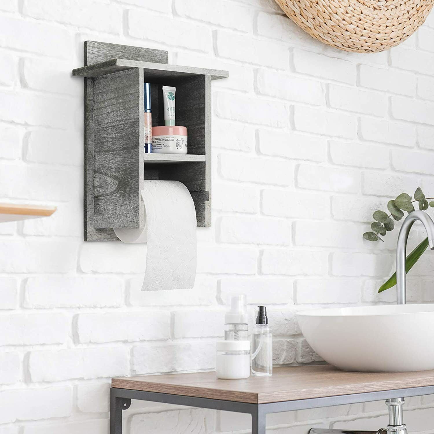 Wood Toilet Paper Holder with Storage Shelf Wall Mount Double Roll