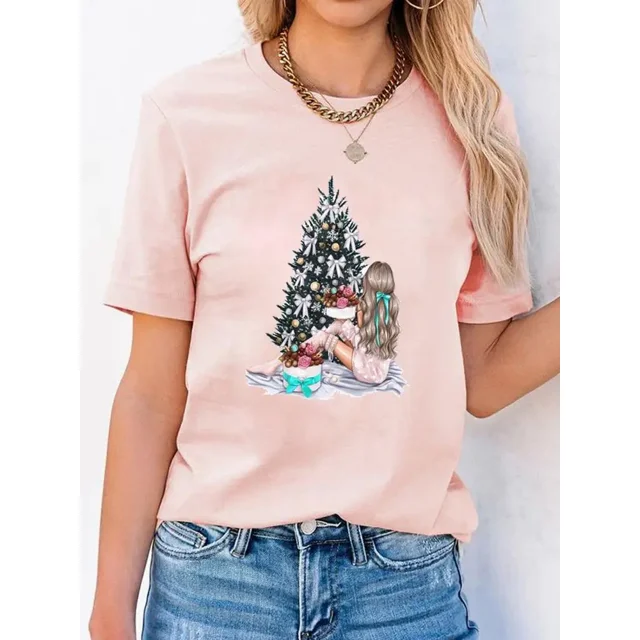 Camiseta con estampado de Navidad para mujer, camisetas básicas de manga corta a la moda, Año Nuevo