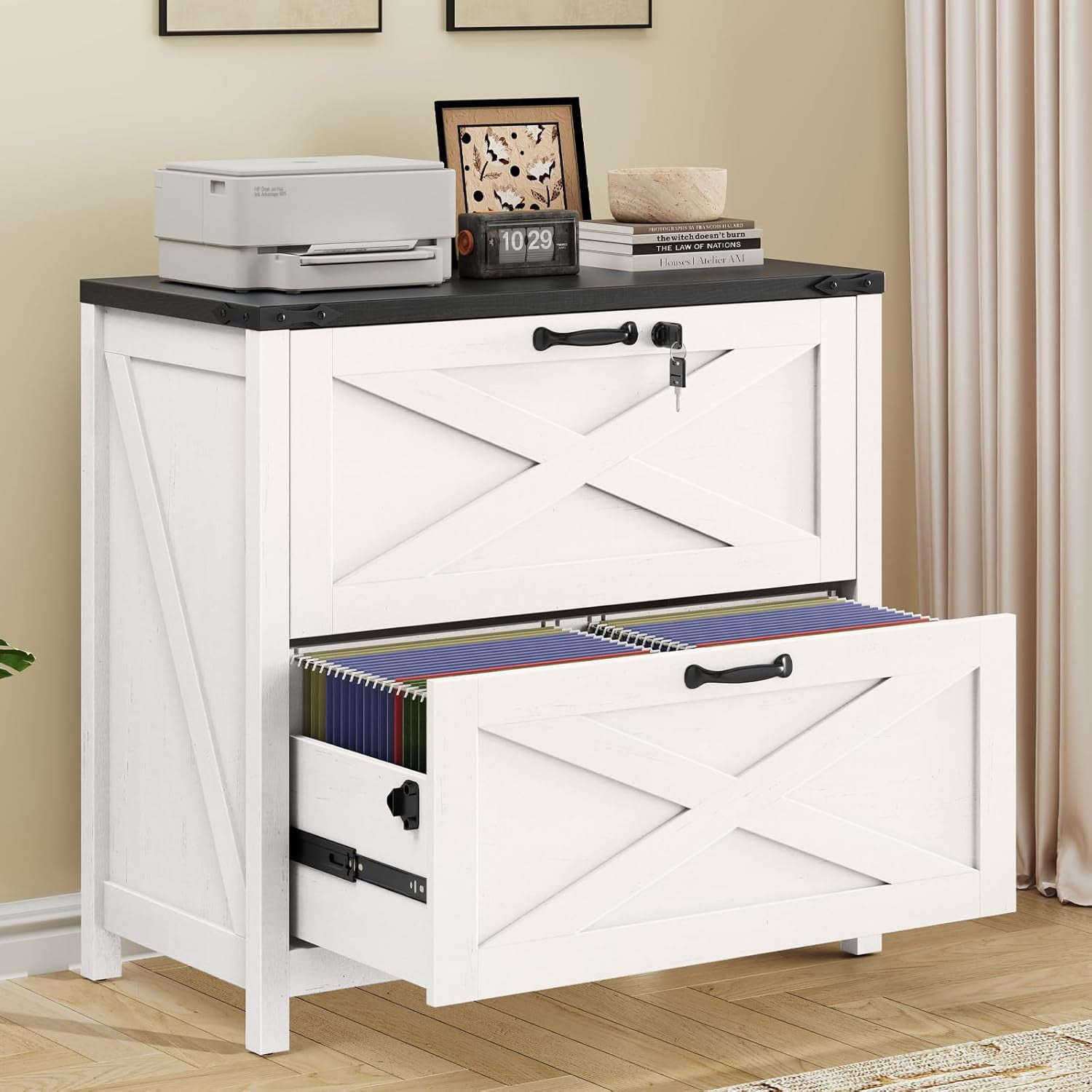 Farmhouse Lateral File Cabinet with 2 Drawers White and Black | Lateral Filing Cabinet with Lock for Letter/A4/Legal Size Large Wood File Storage Cabinet Printer Stand for Home Office
