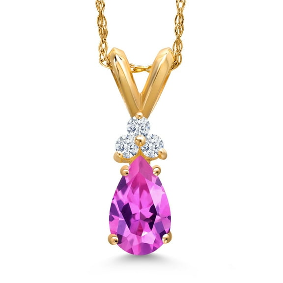 Gem Stone King 14K Yellow Gold Pink Created Sapphire and White Zirconia Pendant Necklace for Women | 1.11 Cttw | Gemstone September Birthstone | Pear Shape 7X5MM | With 18 inch Chain