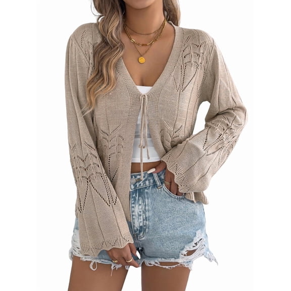 Women Crochet Long Sleeve Loose Casual Open Front Cardigan Drape Sweaters Boho Summer Beach Coverups Khaki S