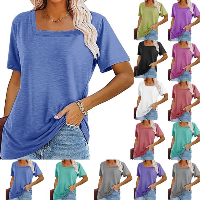 Fanxing T-Shirts Tendance pour Femmes, Blouse Plissée à Manches Courtes, Col Carré, Tunique, Rose Vif, S