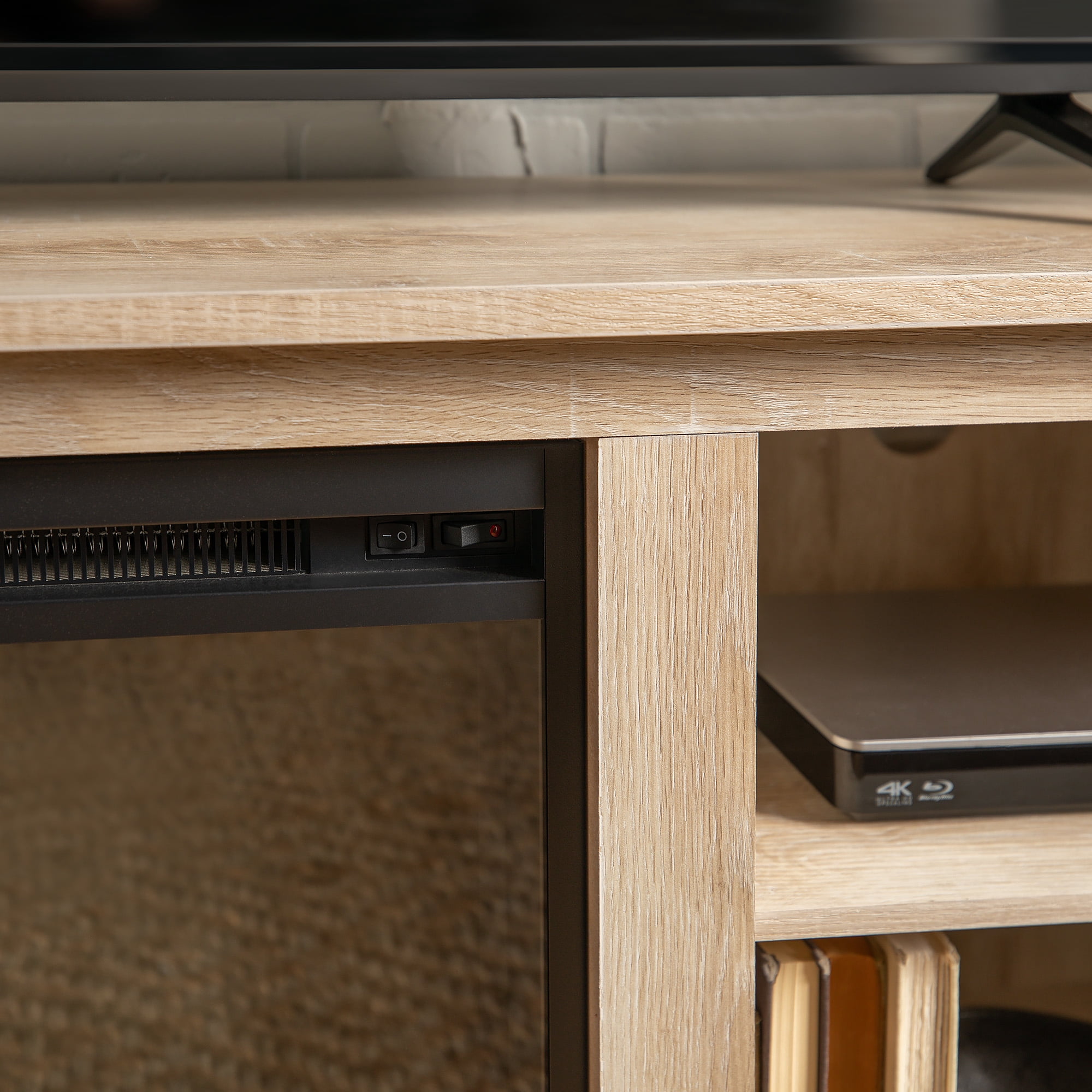 Woven Paths Open Storage Fireplace TV Stand for TVs up to 80", White Oak