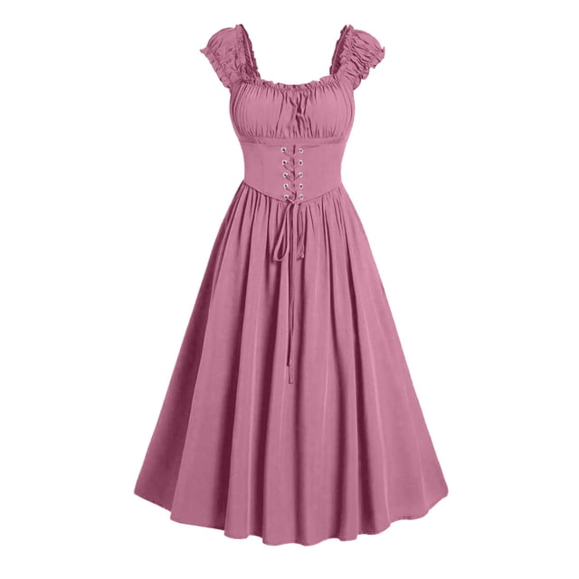 Jsaierl Robe Corset pour Femmes Vintage Renaissance Robe Cottagecore Sans Manches Midi Été Plissée Robes Smockées Lacées Ligne A Robes de Soirée