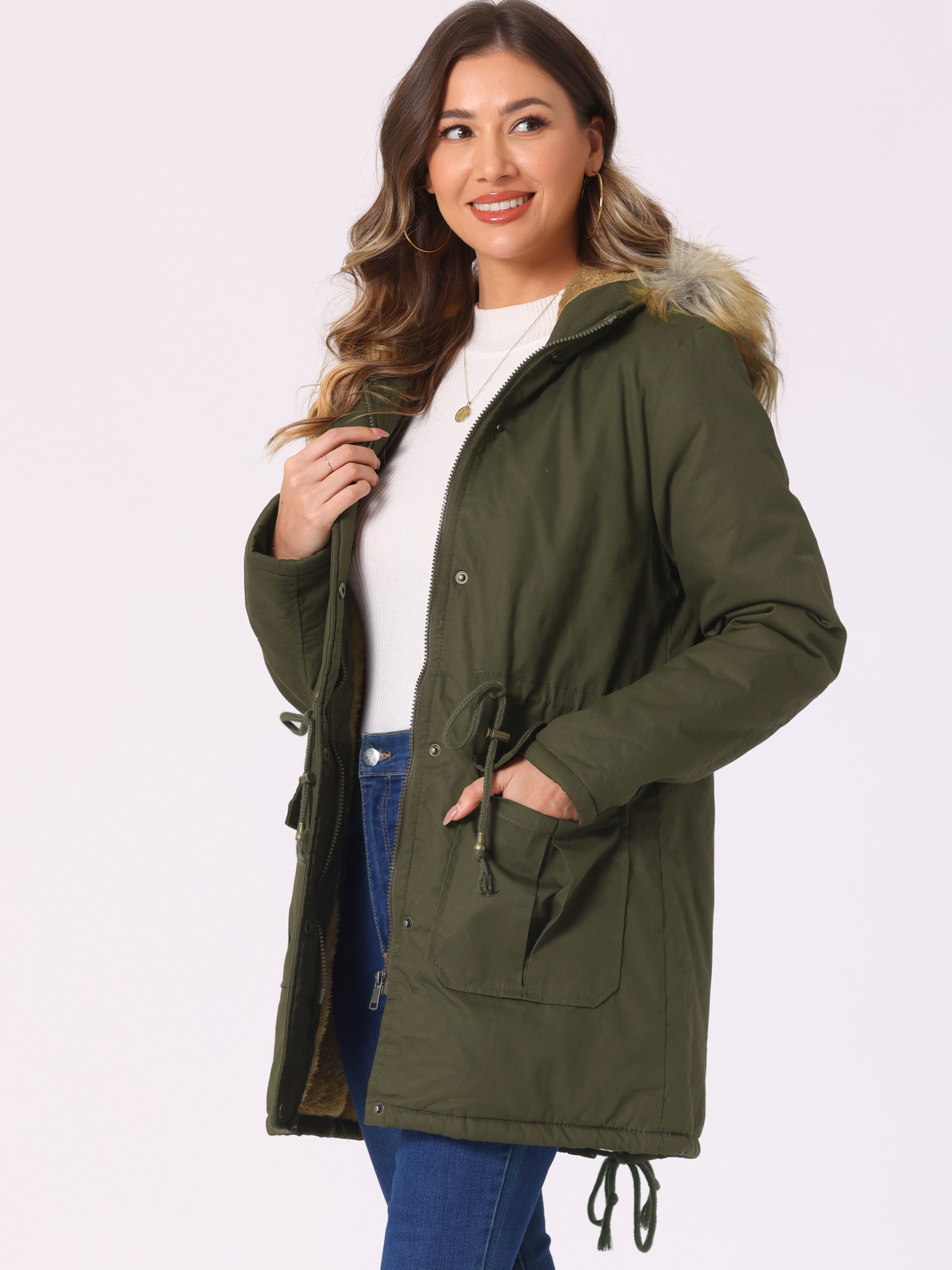 Unique Bargains Women Windproof Winter Parka Puffer Coat with Faux Fur Hood S Army Green