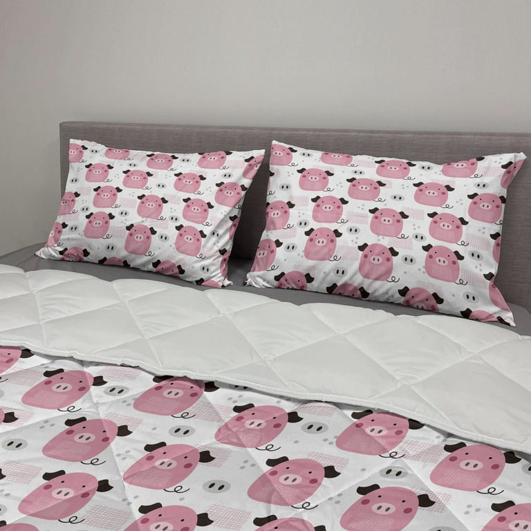 Piglet Comforter Sham Bedding Set Repetitive of Pigs Polka Dots and Lines 3 pcs Duvet Set Microfiber Filling Quilt 5 Sizes Grey Pink by