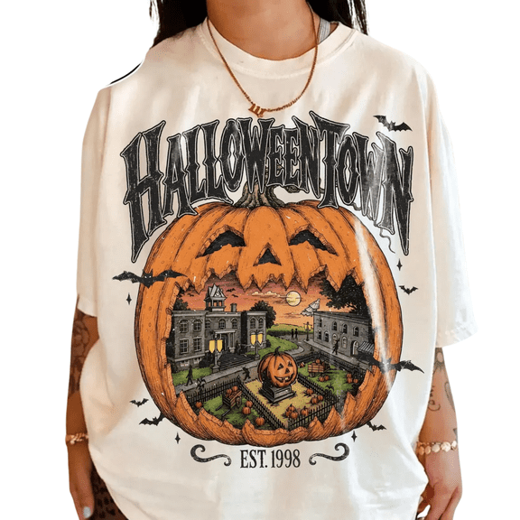 Halloweentown Pumpkin T-Shirt, Vintage Spooky Town Graphic Tee, Haunted Halloween Tshirt for Women, Retro Jack O Lantern Fall Outfit