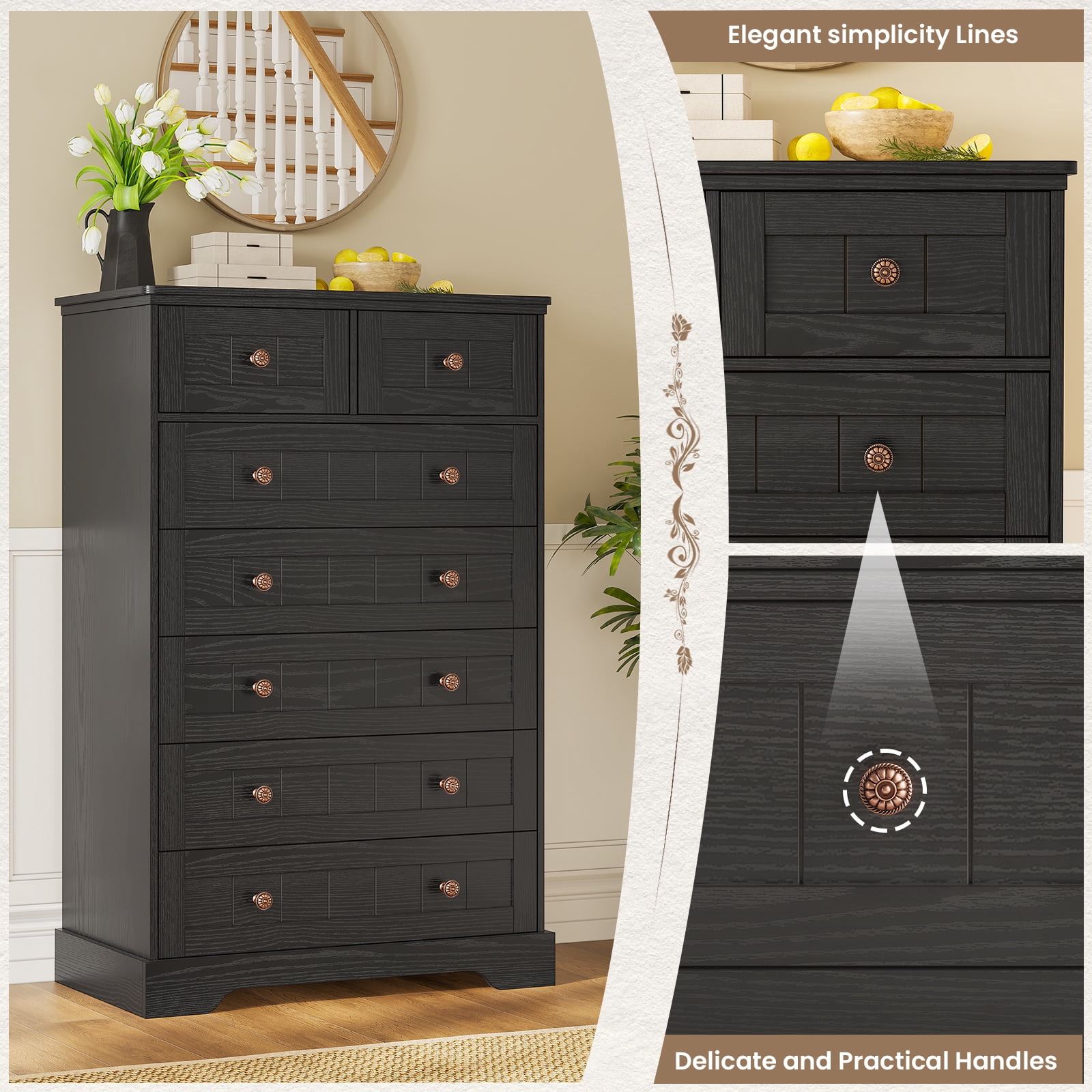 Black Dresser with 7 Drawers for Bedroom Farmhouse 51" Tall Dresser with Wide Drawers and Handles, Wood Storage Cabinet for Living Room