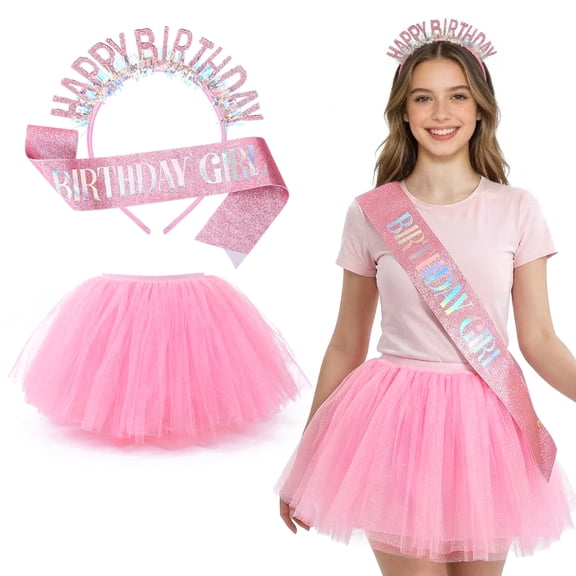 sixwipe Birthday Sash for Women Girls, 5 Layers Tutu Shorty Skirts, Glitter Birthday Crown Headband, Birthday Tiara and Bubble Skirt Set, Pink Happy Birthday Party Princess Decorations Supply