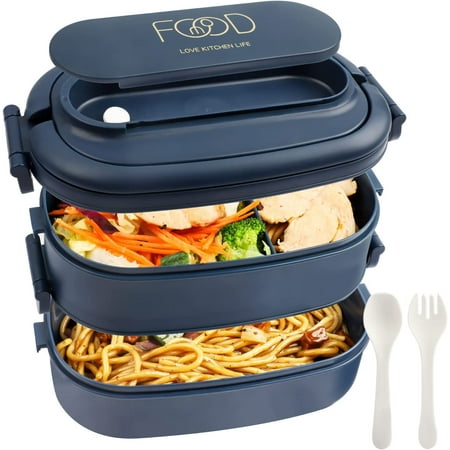 Bleu) Lunch Box - 1550ml Boite Lunch Box Adulte - 2-Etages Bento Lunch Box  - Boite Repas 3 Compartiment avec Couverts - Bento Box Plastique Sans BPA -  Micro-ondes & Lave-vaisselle
