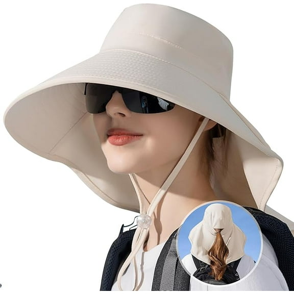 Sun Hats for Women with Neck Flap Ponytail Hole Women Sun Hats Rollable UV Protection Fishing Hats Wide Brim UPF 50 