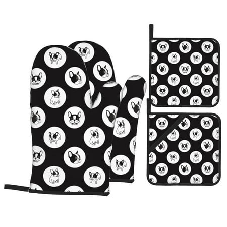 

Oven Mitts and Pot Holders Sets 4 pcs Cute French Bulldog Funny Non-Slip Oven Gloves Potholders Soft Quilted Lining Heat Resistant Gloves Hot Pads for Kitchen Cooking Baking