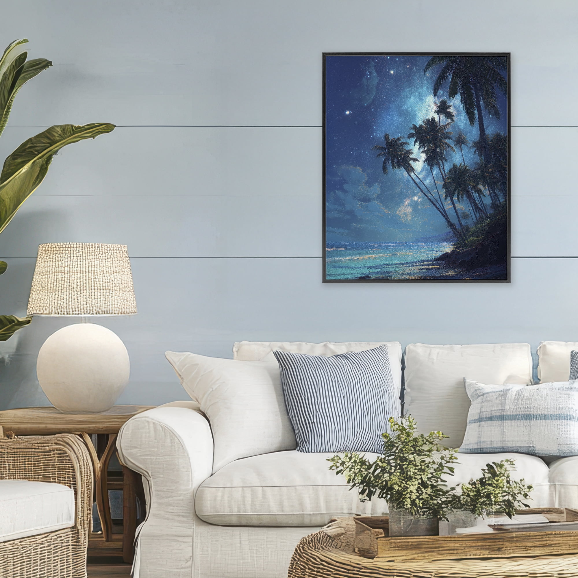 Moonlit Beach Palm Trees Black Framed Giclee Art, design by Ziwei Li