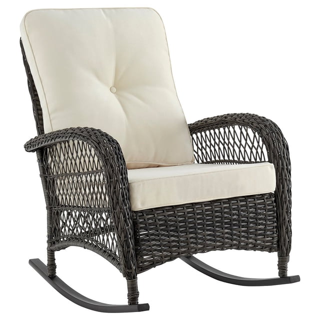 Manhattan Comfort Furttuo Steel Rattan Outdoor Rocking Chair with Cushions in Cream