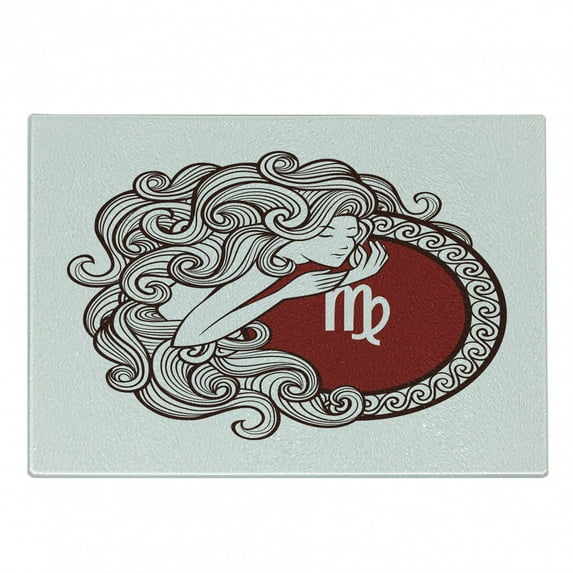 Virgo Cutting Board, Vibrant Color Abstract Image Zodiac Sign Long Haired Girl with of Virgo, Decorative Tempered Glass Cutting and Serving Board, Small Size, Ruby Brown White, by Ambesonne